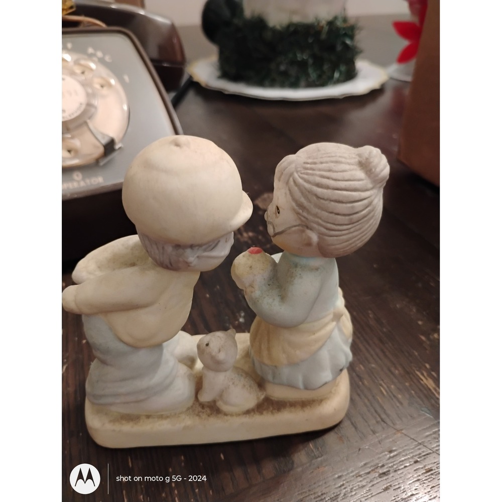 Vintage Porcelain Boy and Girl Kissing Figurine with Cat Matte Bisque Decor